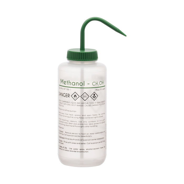Wash Bottle for Methanol, 1000ml - Labeled with Color Coded Chemical & Safety Information (2 Color)  - Wide Mouth, Self Venting, Polypropylene - Performance Plastics by Eisco Labs