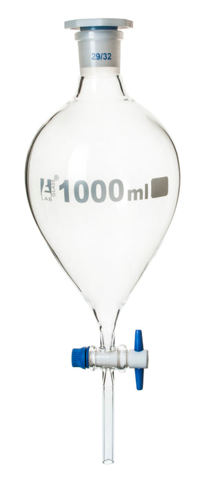 Dropping Funnel, 1000mL - Squibb - With 29/32 Plastic Stopper & PTFE Key Stopcock - Borosilicate Glass