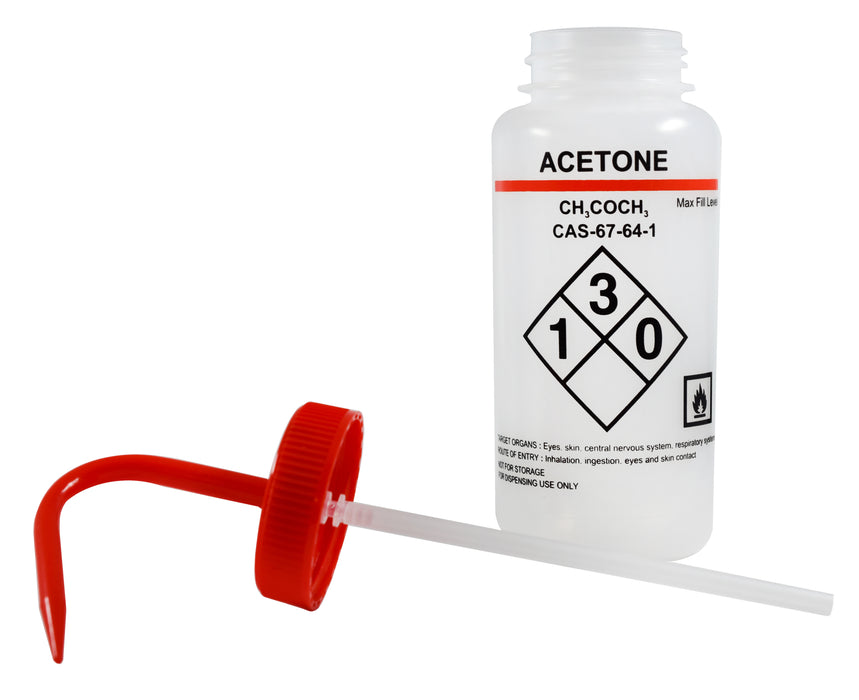 500ml Capacity Labelled Wash Bottle for Acetone - Color Coded Red - Self Venting, Low Density Polyethylene - Eisco Labs