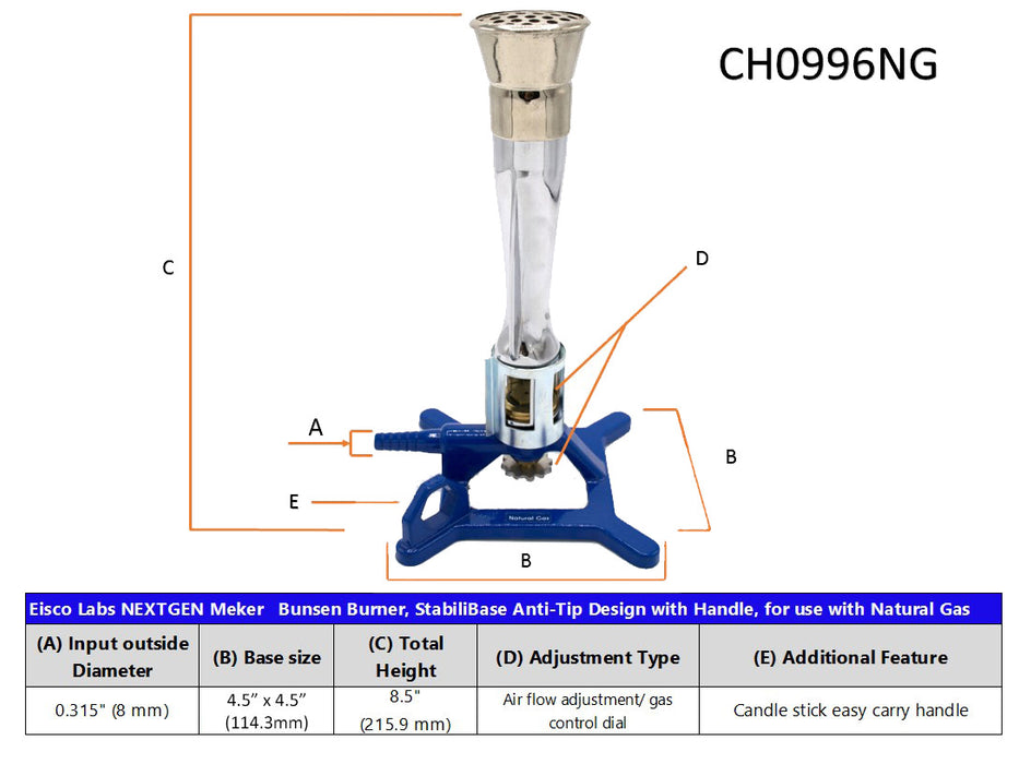 Premium Meker Bunsen Burner, Natural Gas - StabiliBase