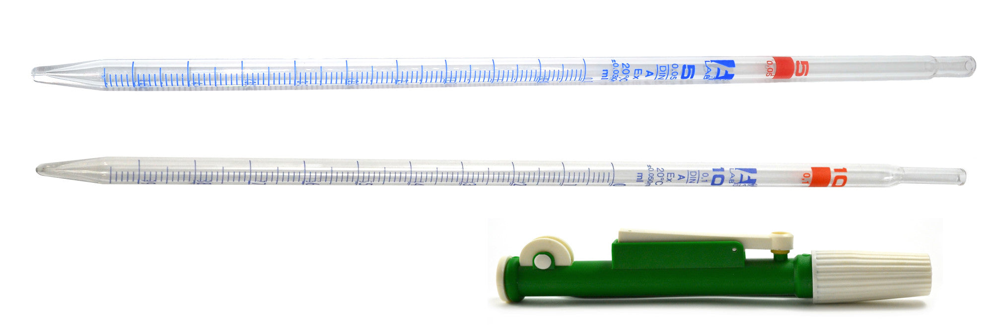 Serological Pipette Set with Pump -  5mL Pipette (Red), 10mL Pipette (Green), 10mL Pipette Pump