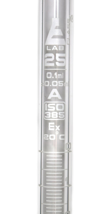 Burette, 25mL - Class A - With PTFE Stopcock - White 0.1mL Graduations - Borosilicate Glass