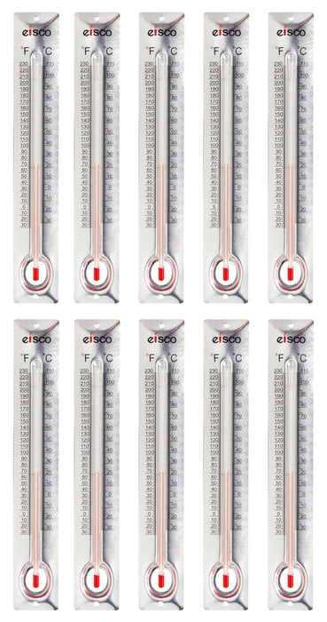10 Pack - Aluminum Thermometers, -30 to 110°C / 30 to 230°F, Measurement in Celsius & Fahrenheit - Aluminum Backing, Glass - Spirit Filled - 6.5" Long, 1" Wide - Eisco Labs