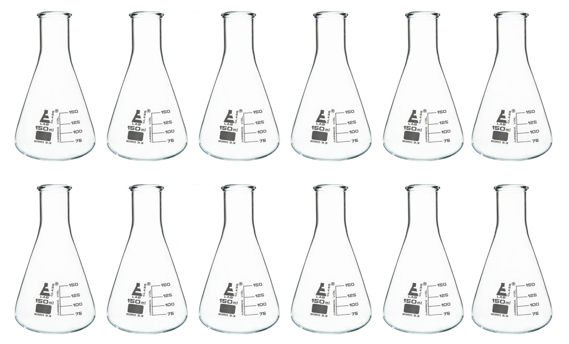 Eisco Labs Glass Erlenmeyer Narrow Neck Flask 150ml, borosilicate Pack of 12