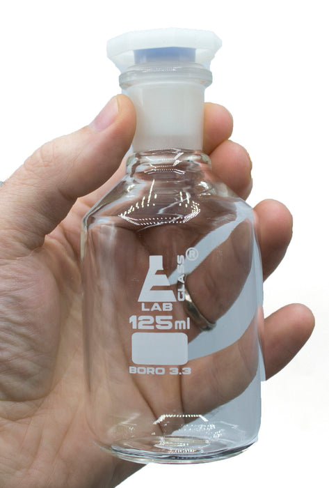 Reagent Bottle, 125mL - Clear - With Acid-Proof Polypropylene Stopper - Borosilicate Glass