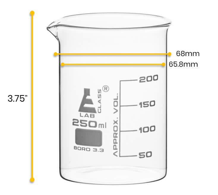 12PK Beakers, 250ml - Low Form - 50ml Graduations - Borosilicate Glass