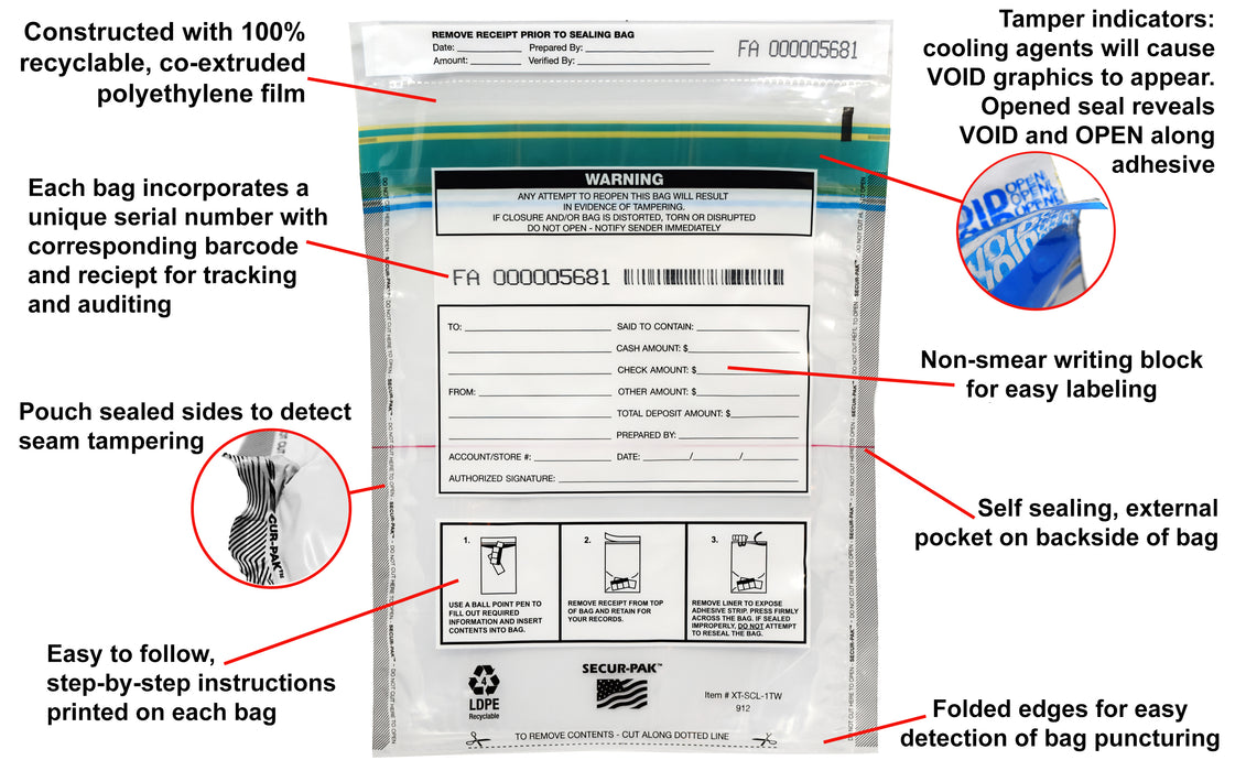 Secur-Pak Deposit Bags with Pocket - Pack of 100 - Premium, Level 4 Security Tamper Evident, Clear Security Bags - Self Sealing, Transparent 2.5 Mil Plastic - 9" x 12" - SECUR-PAK
