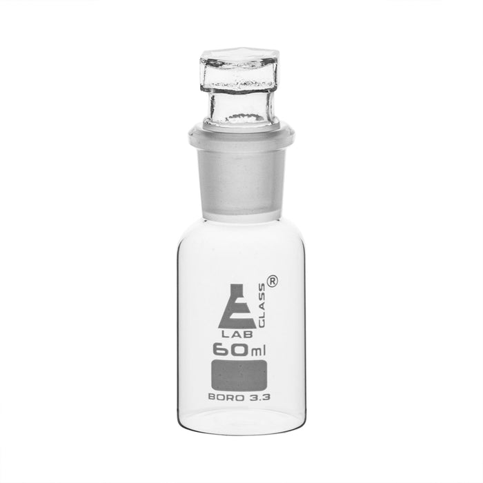Reagent Bottle, 60mL - Clear - Wide Neck - With Interchangeable Hexagonal Glass Stopper - Borosilicate Glass