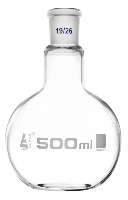 Boiling Flask with Joint, 500ml - Socket Size 19/46 - Flat Bottom, Short Neck - Interchangeable Joint - Borosilicate Glass - Eisco Labs