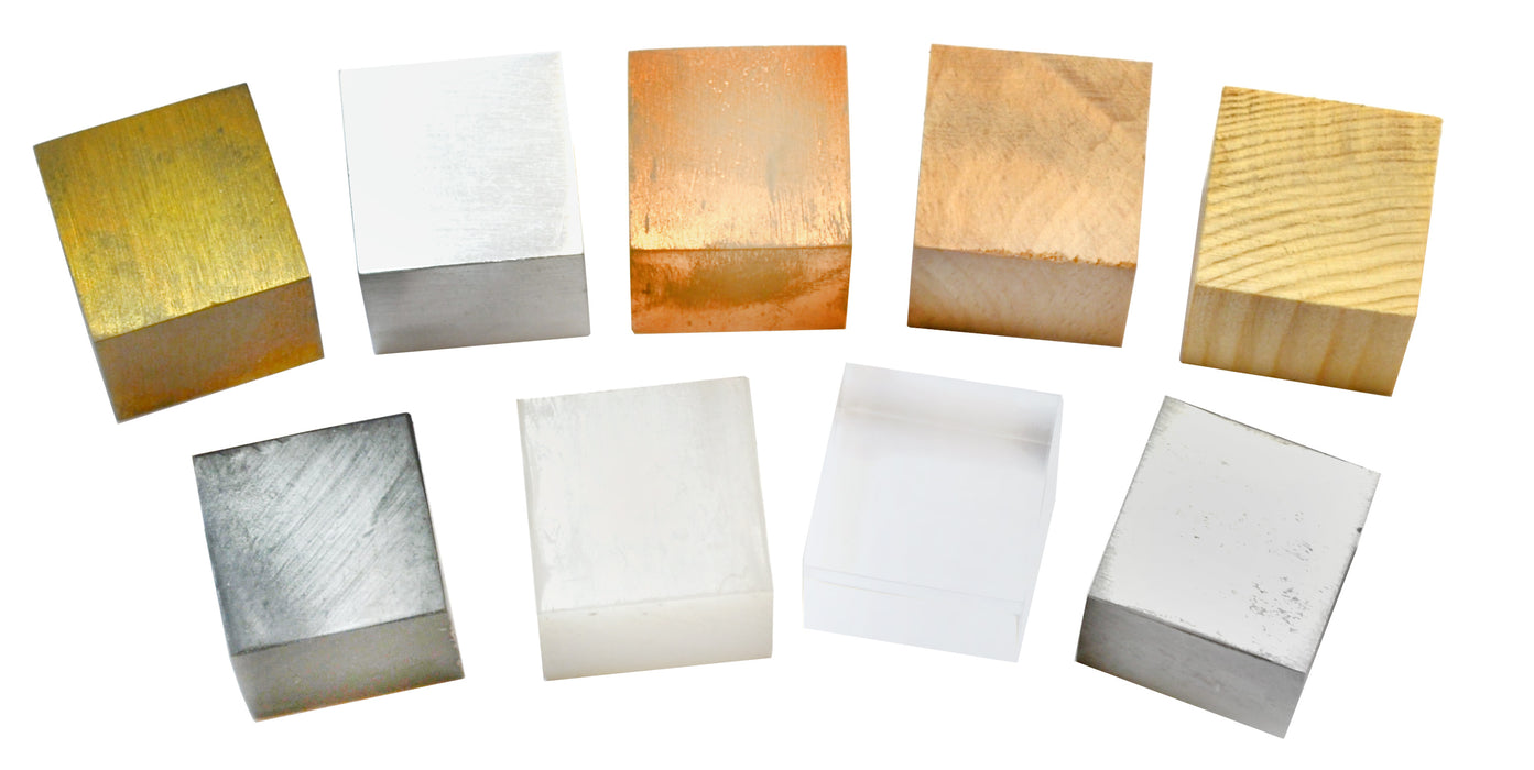 Density Cube Set, 9 pcs - Includes Brass, Iron, Copper, Aluminum, Hardwood, Softwood, Nylon, PVC, Acrylic