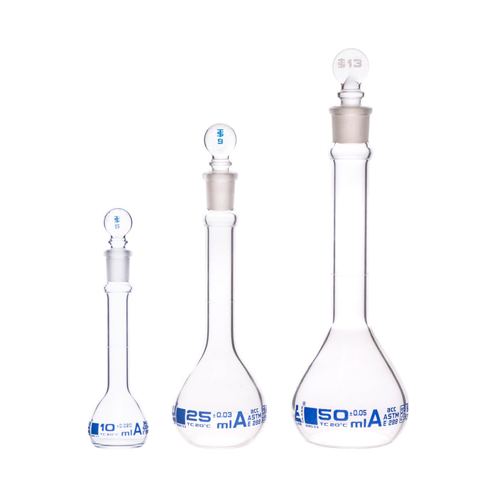 Premium Volumetric Flask Set - 10ml, 25ml & 50ml - Class A, ASTM E288 - Superior Durability & Chemical Resistance - Glass Penny Stoppers - Borosilicate 3.3 Glass - Eisco Labs