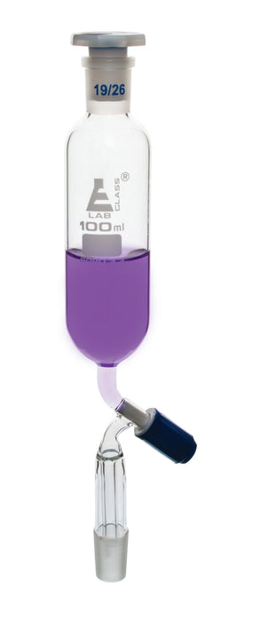 Dropping Funnel, 100mL - Cylindrical, Bent Arm - With Needle Valve Stopcock & 19/26 Plastic Stopper - Borosilicate Glass