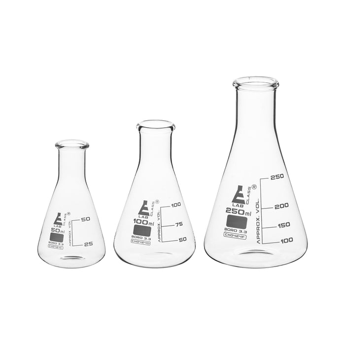 Premium Erlenmeyer Flask Set - 50ml, 100ml & 250ml - Narrow Neck, White Graduations - Superior Durability & Chemical Resistance - Borosilicate 3.3 Glass - Eisco Labs