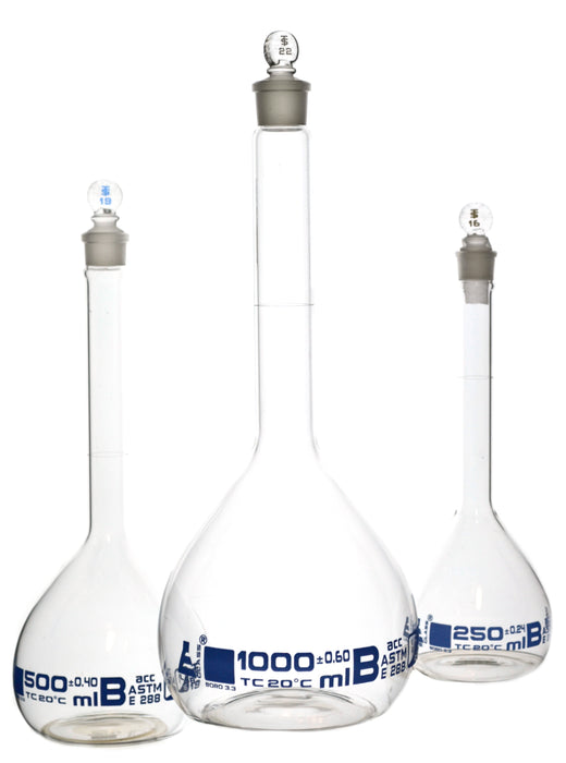 ASTM Volumetric Flask Deluxe Set - 3 Large Flasks w/ Stoppers - 1000ml, 500ml, 250ml - Class B Borosilicate Glass