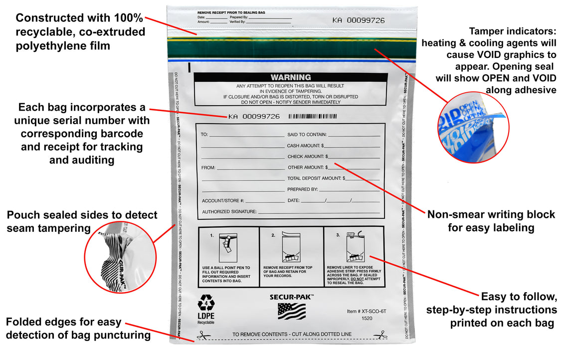 Secur-Pak Deposit Bags - Pack of 100 - Bill Capacity, 6,000 - Premium, Level 4 Security Tamper Evident, White Security Bags - Self Sealing, Opaque 2.5 Mil Plastic - 15" x 20" - SECUR-PAK