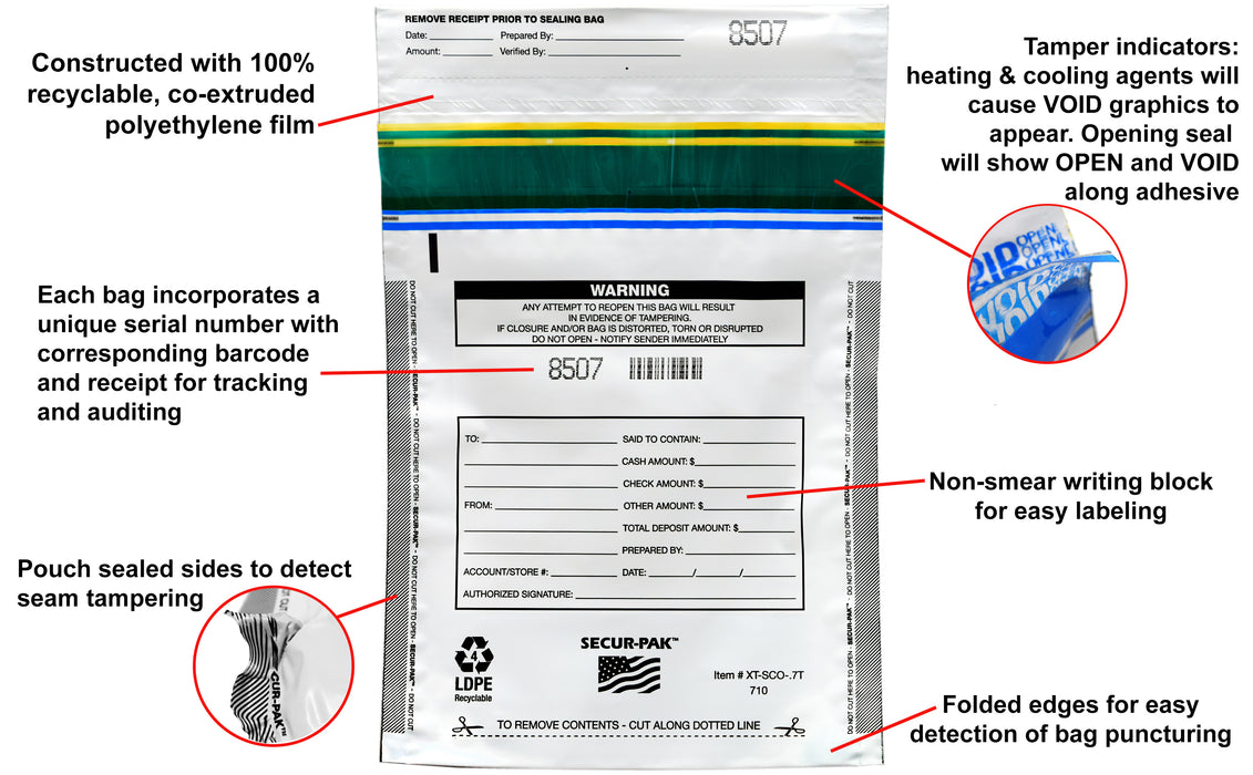 Secur-Pak Deposit Bags - Pack of 100 - Bill Capacity, 750 - Premium, Level 4 Security Tamper Evident, White Security Bags - Self Sealing, Opaque 2.5 Mil Plastic - 7" x 10" - SECUR-PAK