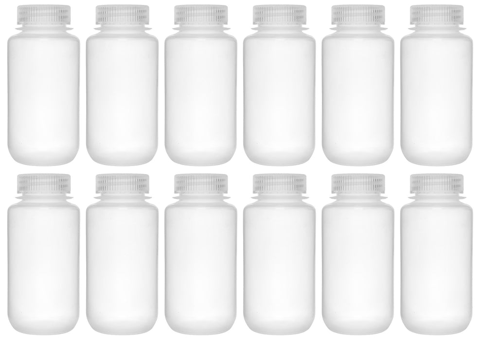 12PK Reagent Bottles, 250ml - Wide Neck with Screw Cap - Polypropylene