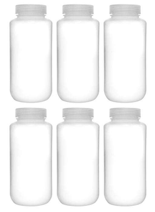 6PK Reagent Bottles, 1000ml - Wide Neck with Screw Cap - Polypropylene
