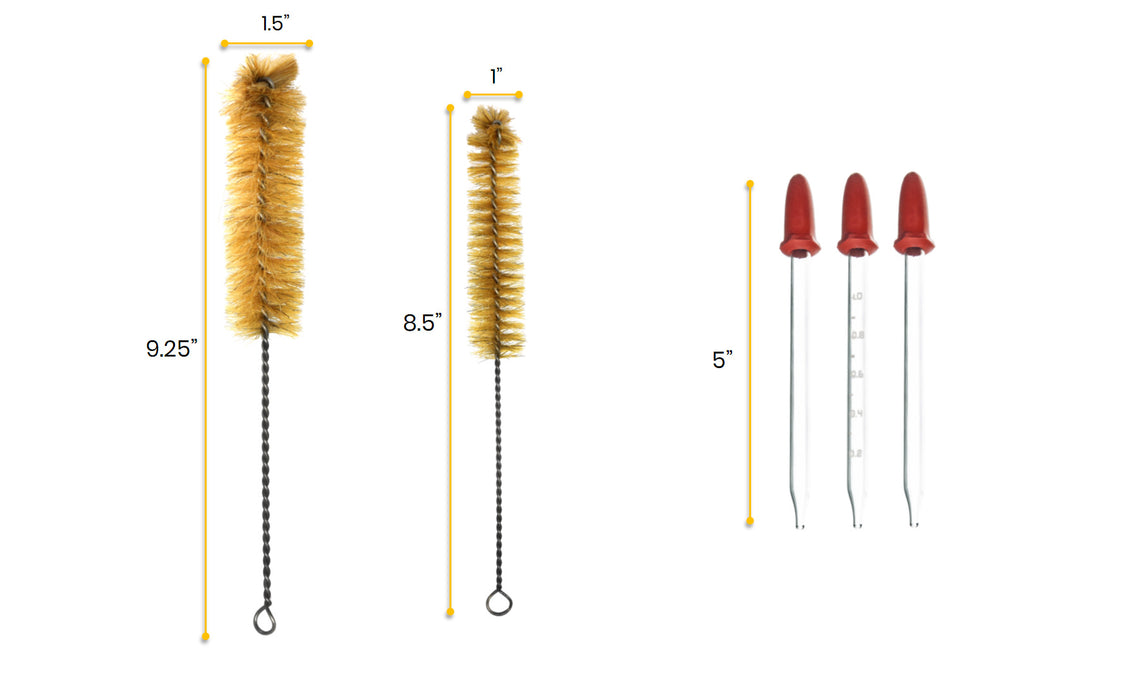 Graduated Cylinders, Cleaning Brushes, and Glass Droppers 9 Piece Set - Class B - 5mL, 10mL, 50mL, 100mL - Borosilicate Glass