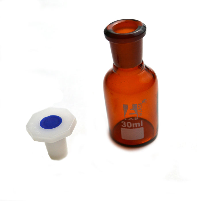 Reagent Bottle, 30mL - Amber - With Acid-Proof Polypropylene Stopper - Borosilicate Glass