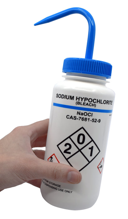 Labelled Wash Bottle for Sodium Hypochlorite (Bleach), 500ml Capacity - Eisco Labs
