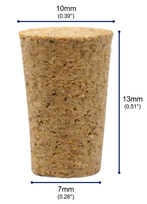 10PK Cork Stoppers, Size #0 - 7mm Bottom, 10mm Top, 13mm Length - Tapered Shape