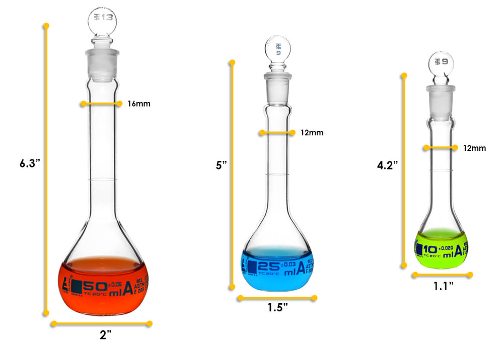 Premium Volumetric Flask Set - 10ml, 25ml & 50ml - Class A, ASTM E288 - Superior Durability & Chemical Resistance - Glass Penny Stoppers - Borosilicate 3.3 Glass - Eisco Labs