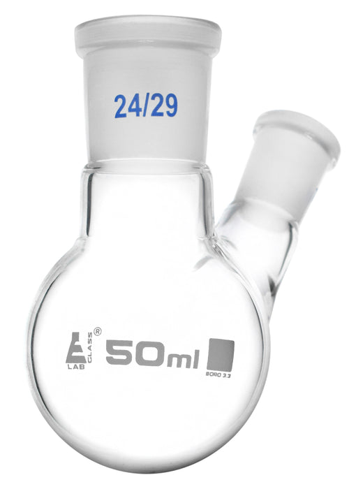 Distilling Flask, 50ml - 24/29 Oblique Neck - 14/23 Side Socket - Round Bottom - Borosilicate Glass - Eisco Labs