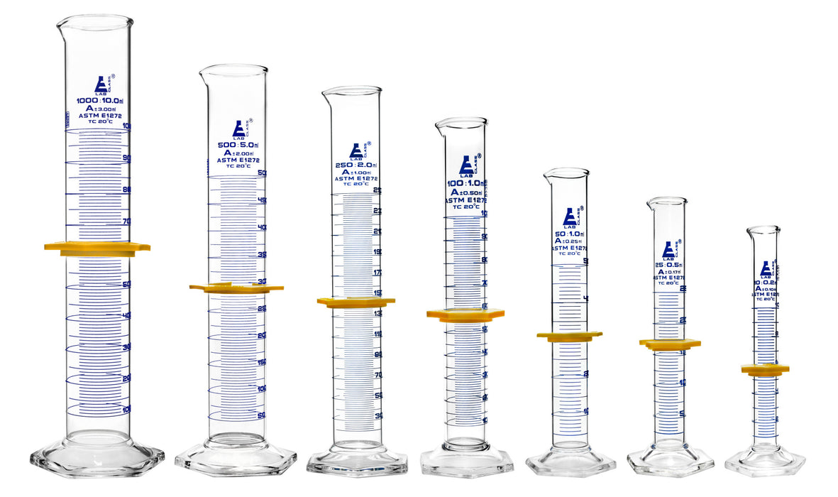 Graduated Cylinders 7 Piece Set - ASTM Class A - 10mL, 25mL, 50mL, 100mL, 250mL, 500mL & 1000mL - Protective Collars, Hexagonal Base - Blue Graduations - Borosilicate Glass