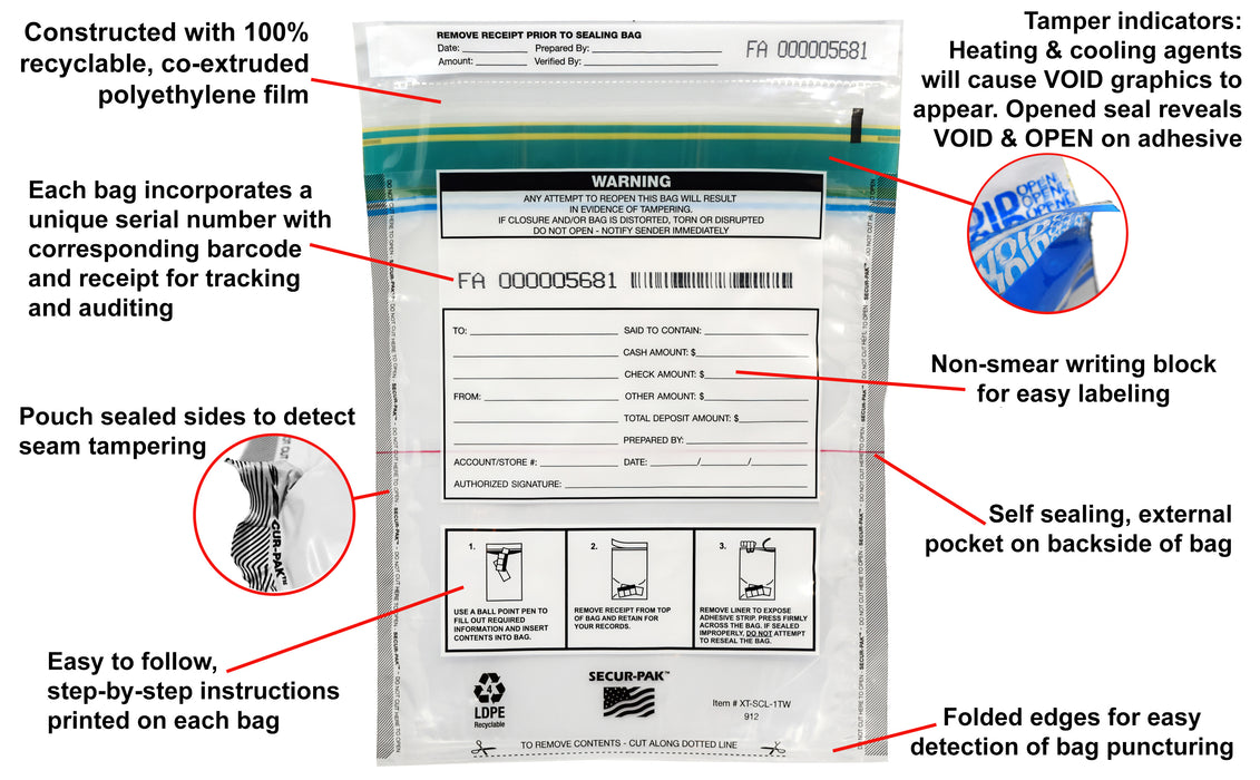 Secur-Pak Deposit Bags with Pocket - Pack of 100 - Premium, Level 4 Security Tamper Evident, Clear Security Bags - Self Sealing, Transparent 2.5 Mil Plastic - 9" x 12" - SECUR-PAK