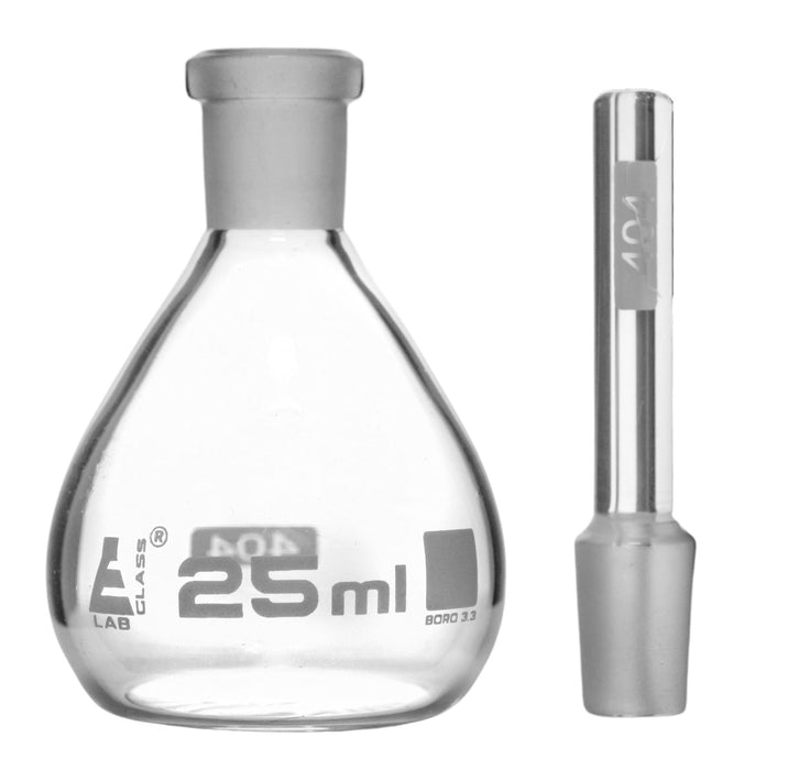 Pycnometer, Calibrated, 25mL - Flat Bottom & Perforated Stopper - Borosilicate Glass
