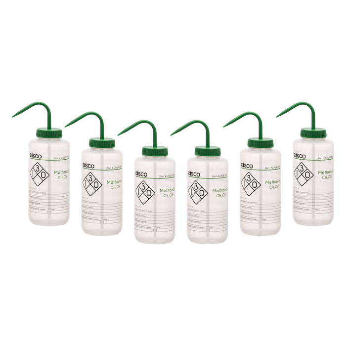 6PK Wash Bottle for Methanol, 1000ml - Labeled with Color Coded Chemical & Safety Information (2 Color)  - Wide Mouth, Self Venting, Polypropylene - Performance Plastics by Eisco Labs