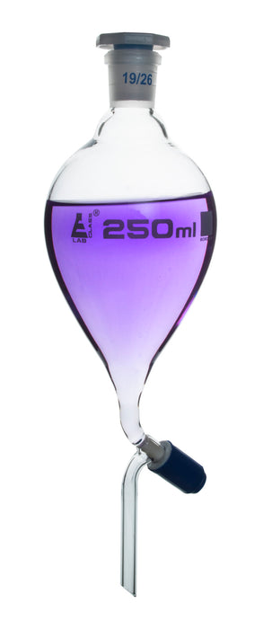 Dropping Funnel, 250mL - Pear-Shaped - With 19/26 Plastic Stopper & Screw-Type Rotaflow Stopcock - Borosilicate Glass