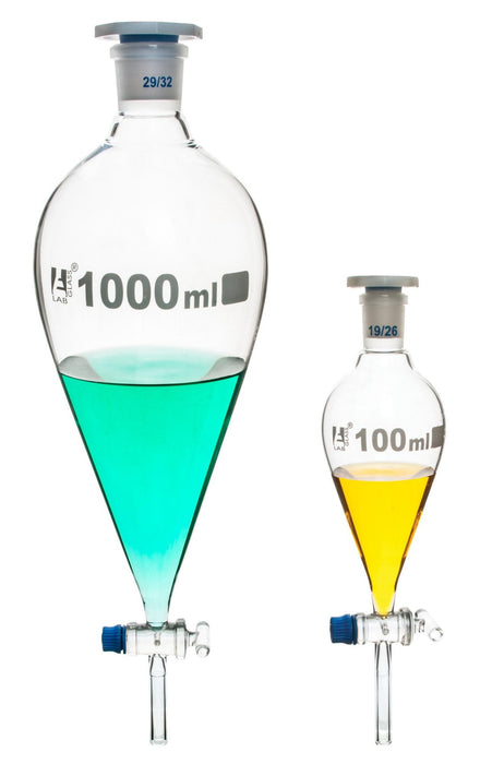 Dropping Funnel, 1000mL - Squibb, Graduated - With 29/32 Plastic Stopper & Glass Key Stopcock - Borosilicate Glass