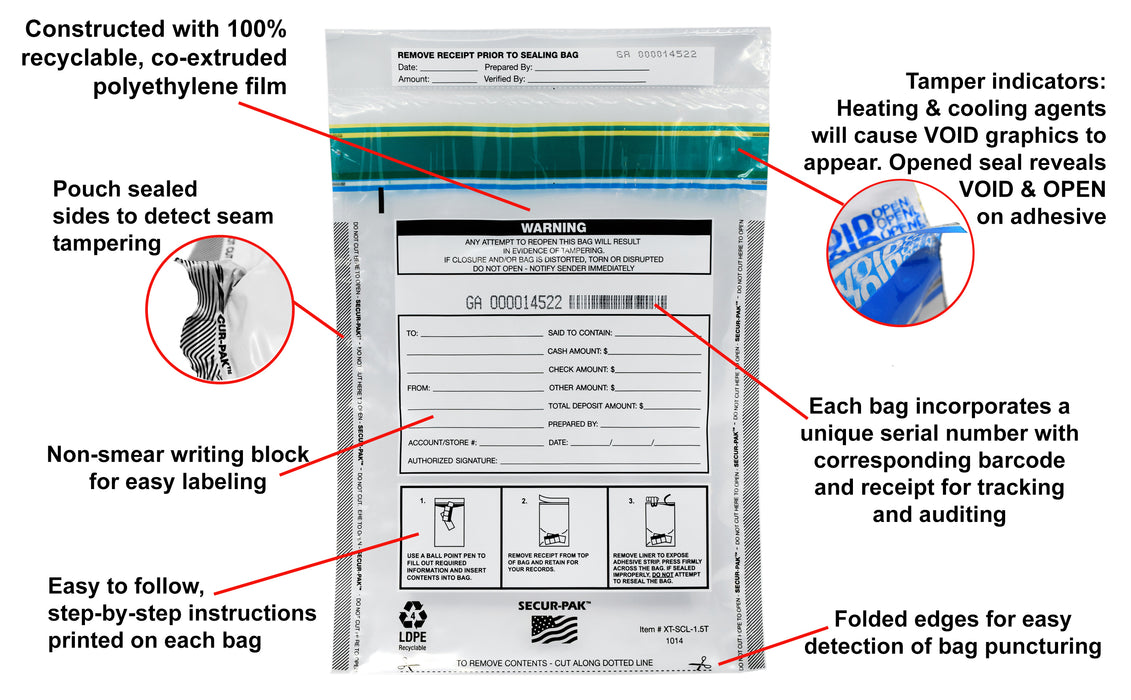 Secur-Pak Deposit Bags - Pack of 100 - Premium, Level 4 Security Tamper Evident, Clear Security Bags - Self Sealing, Transparent 2.5 Mil Plastic - 10" x 14" - SECUR-PAK