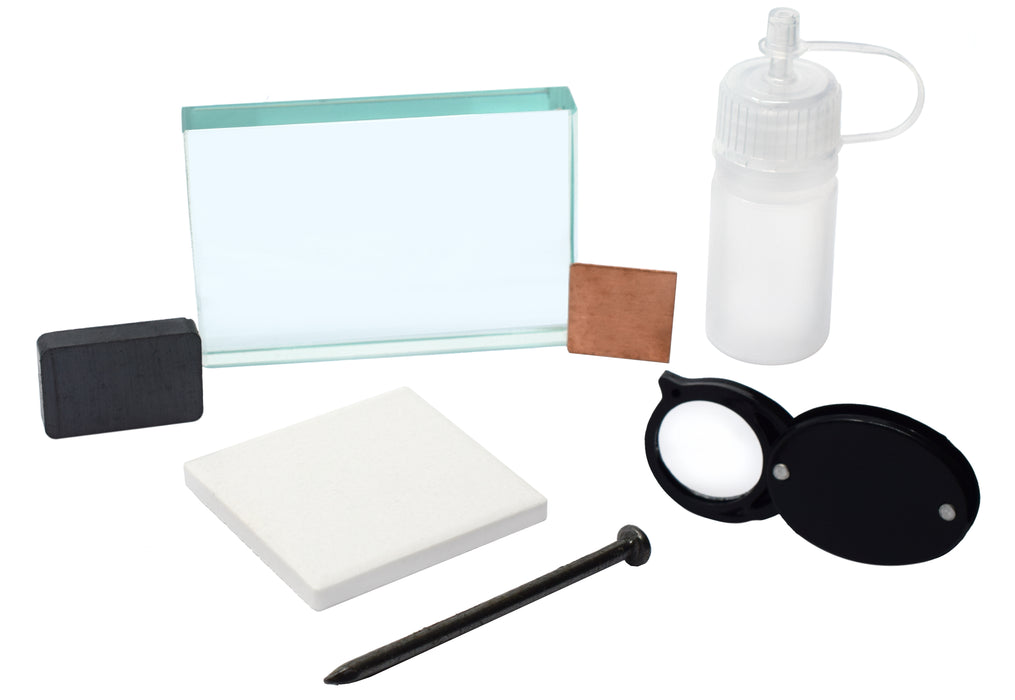 Mineral ID Kit - 7 Pieces - Includes Streak Plate, Glass Plate, Dropper Bottle, Magnet, Nail, Copper Square & Retractable Hand Lens - Great for Geology Classrooms & Basic Field Testing