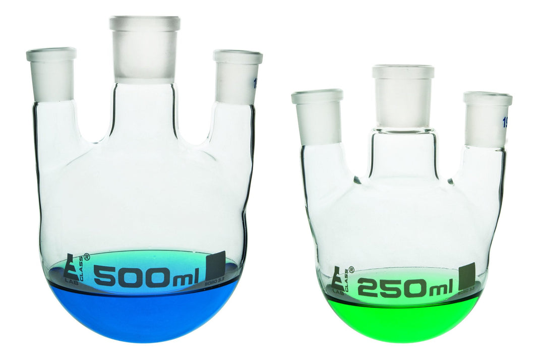 Distilling Flask, 500ml - Three Necks, Parallel - Center Socket Size 29/32, Side Sockets Size 14/23 - Round Bottom - Borosilicate Glass - Eisco Labs