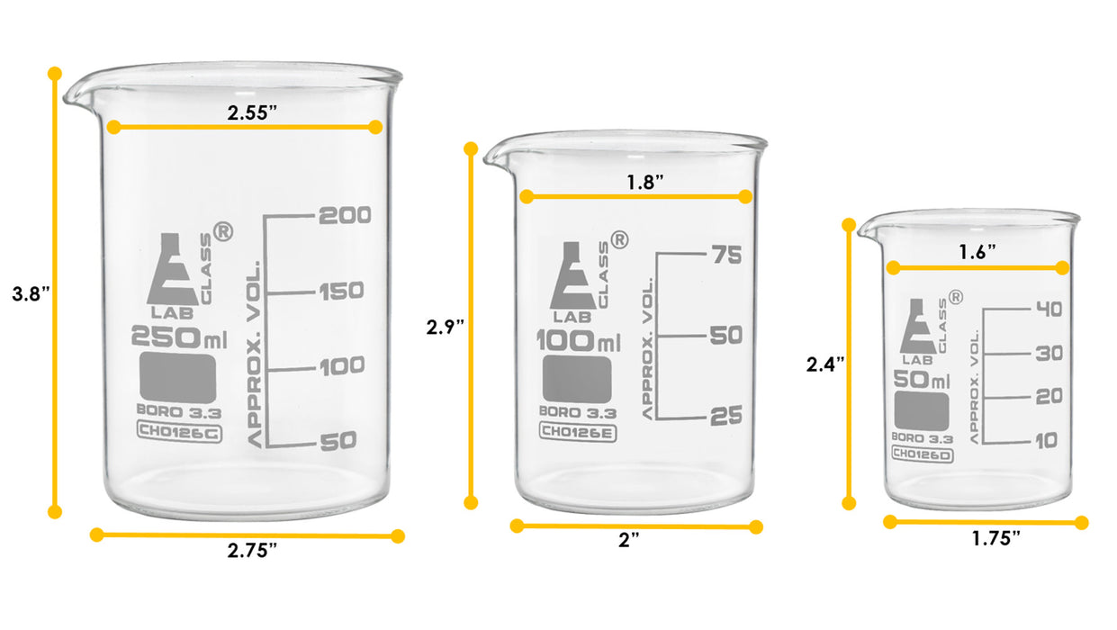 Premium Glassware Set, 9 Pieces - Includes 3 Beakers, 3 Erlenmeyer Flasks & 3 ASTM Class A Graduated Cylinders - Borosilicate Glass