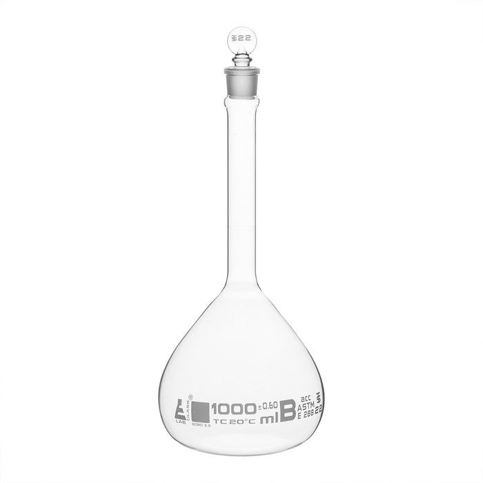 Volumetric Flask, 1000ml - Class A, ASTM - Tolerance ±0.300 ml - Glass Stopper - Single, White Graduation
