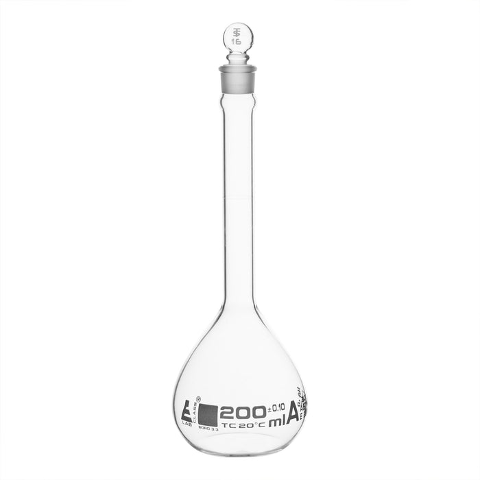 Volumetric Flask, 200ml - Class A, ASTM - Tolerance ±0.100 ml - Glass Stopper - Single, White Graduation - Borosilicate Glass - Eisco Labs