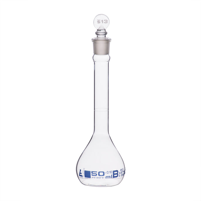 Volumetric Flask, 50ml - Class B, ASTM - Tolerance ±0.100 ml - Glass Stopper - Single, Blue Graduation