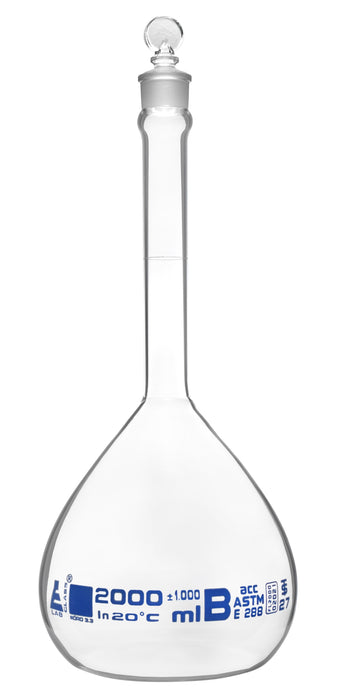 Volumetric Flask, 2000ml - Fitted with Solid Glass Stopper - Class B, Tolerance ±1.000ml - Blue Graduation Mark - Borosilicate Glass - Eisco Labs