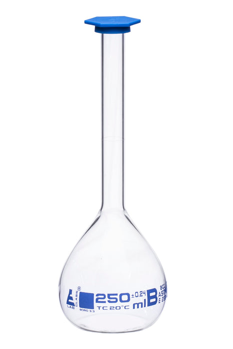 Volumetric Flask, 250ml - Class B, ASTM - Snap Cap - Blue Graduation Mark, Tolerance ±0.240ml - Eisco Labs