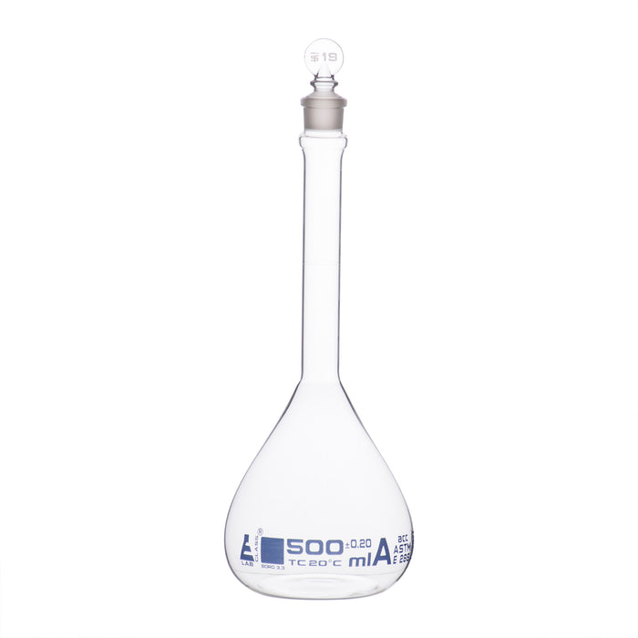 Volumetric Flask, 500ml - Class A, ASTM - Tolerance ±0.200 ml - Glass Stopper - Single, Blue Graduation