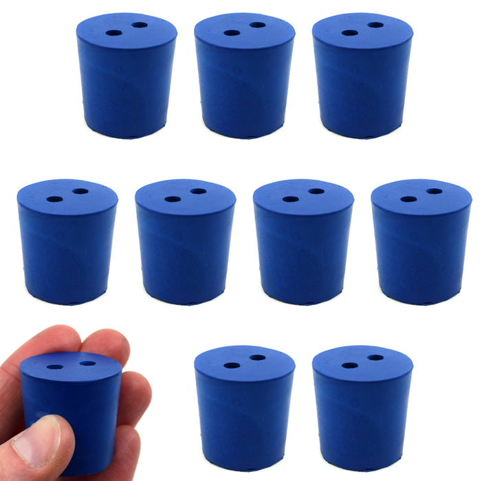 Neoprene Stopper, 2 Holes - Blue, Size: 25mm Bottom, 28mm Top, 28mm Length - Pack of 10