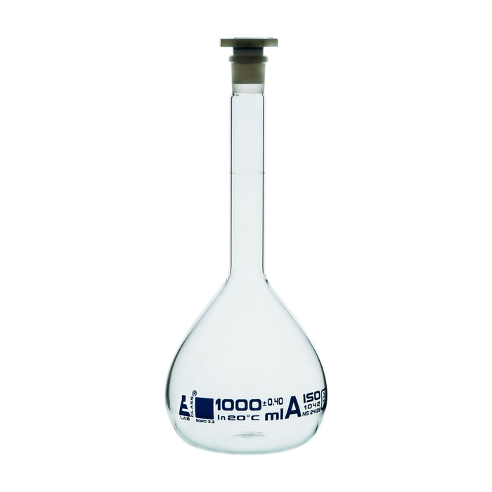 Volumetric Flask, 1000ml - Class A - 24/29 Polyethylene Stopper, Borosilicate Glass - Blue Graduation, Tolerance ±0.400