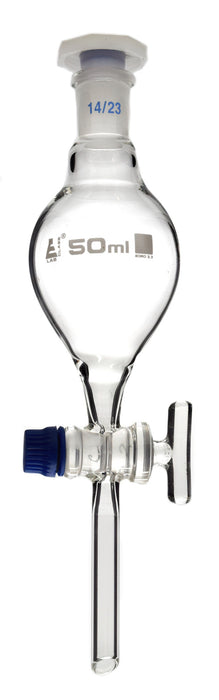 Dropping Funnel, 50mL - Pear-Shaped - With 14/23 Plastic Stopper & Glass Key Stopcock - Borosilicate Glass