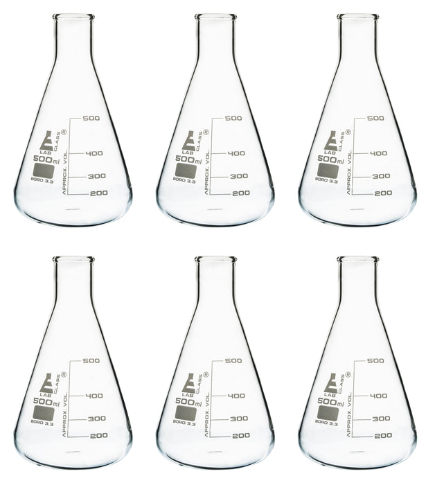 6PK Erlenmeyer Flasks, 500mL - Narrow Neck - Borosilicate Glass