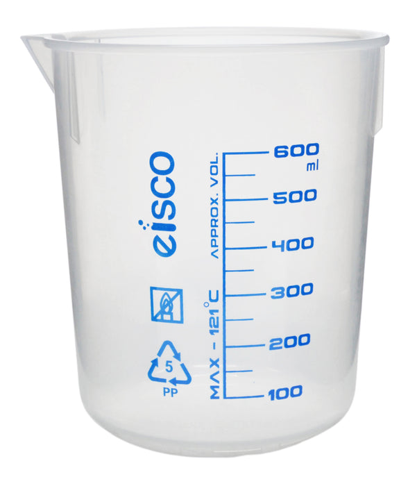 5 Piece Beaker Set, Polypropylene - 50ml, 100ml, 250ml, 600ml & 1000ml - Screen Printed Graduations - With Spout