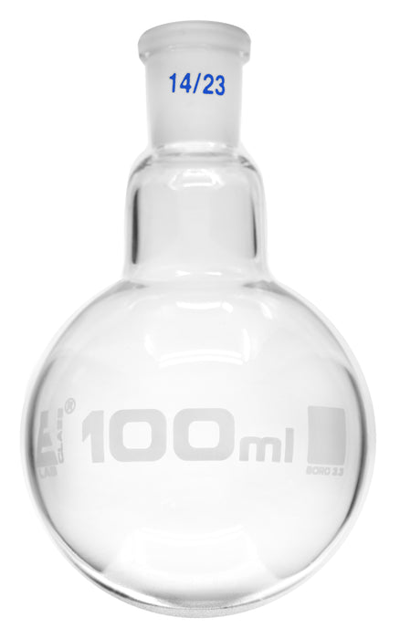 Boiling Flask with Joint, 100ml - Socket Size 14/23 - Round Bottom, Interchangeable Joint - Borosilicate Glass - Eisco Labs
